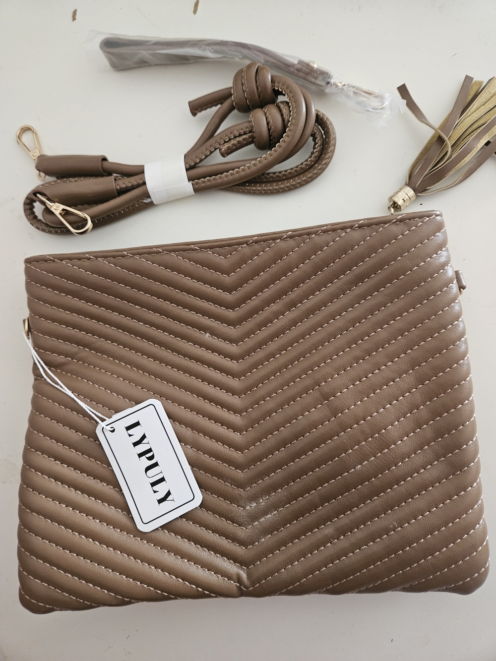 Taupe Quilted Chevron Crossbody Bag with Tassel